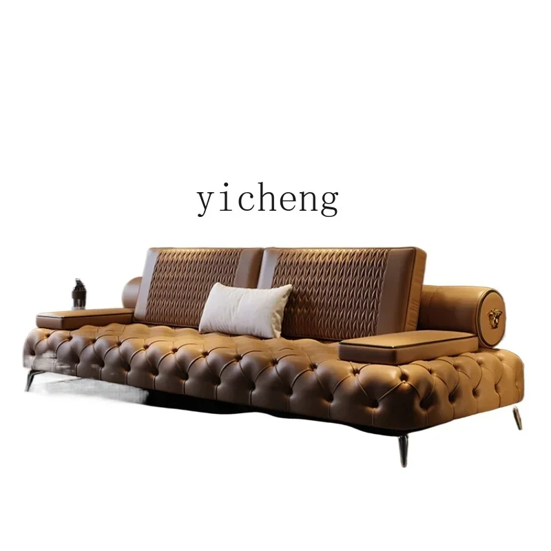 

light luxury leather sofa first layer cowhide modern simple straight row sofa four-person living room
