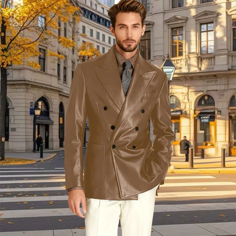 

Fall Retro Man Coat PU Leather Double Breasted Blazer Italy Business Casual Plus Size Tailored Man Jacket