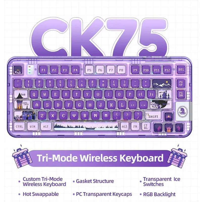 CoolKiller CK75 Hot-Swap Bluetooth 2.4G Wireless RGB Purple Fairy Tales Transparent Purple Gasket Gaming Mechanical Keyboard RGB