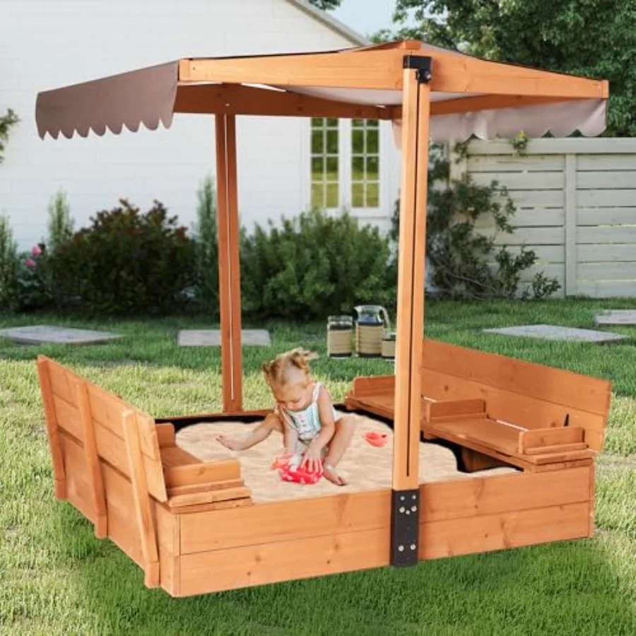 Outdoor sandbox with lid and cover, UV-resistant canopy, weatherproof wood, natural brown, leak-proof liner and foldable benche