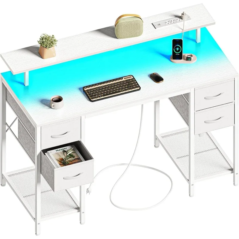 

47" Computer Desk with 4 Drawers, Gaming Desk with LED Light and Power Outlets, White