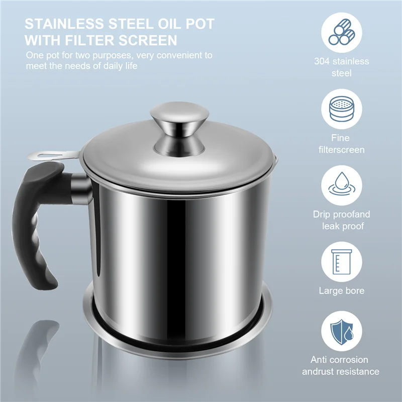 Contenitore per grasso PB-Bacon con filtro Contenitore per olio in acciaio inossidabile da 48 Oz Lattina per olio con coperchio Lattina per olio con manico facile da impugnare