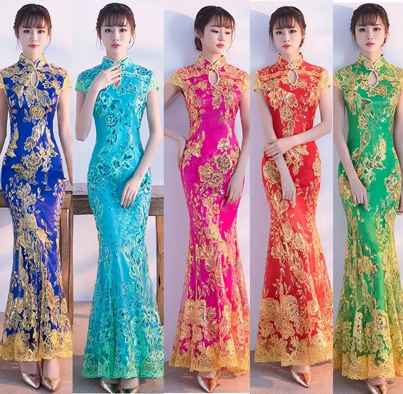 

Сексуальное платье русалки в китайском стиле, улучшающее женское платье Cheongsam, весна 2025, новое длинное кружевное винтажное классическое платье Ципао