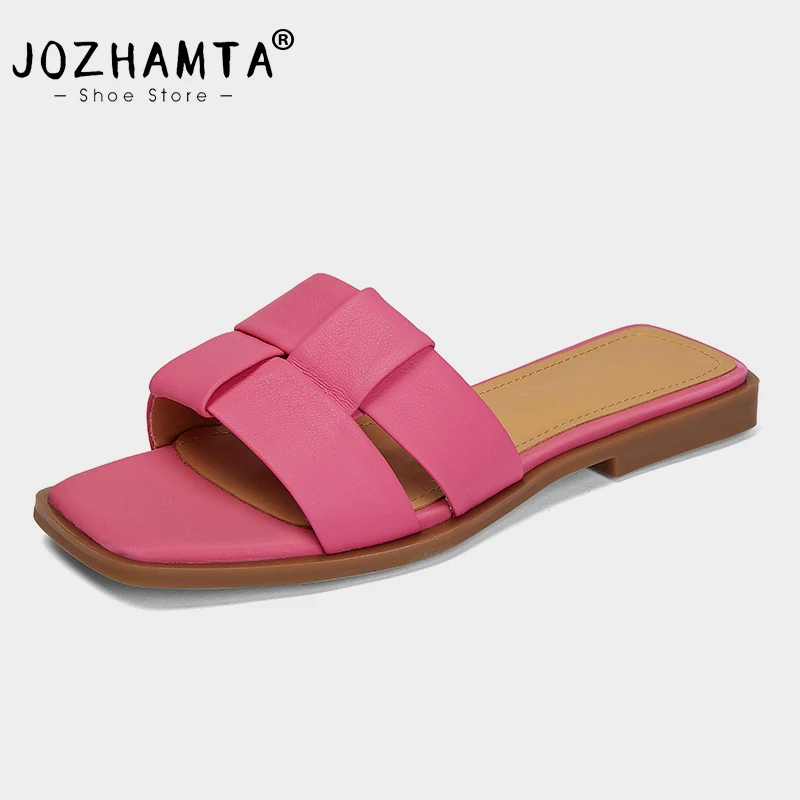 JOZHAMTA Size 33-40 Women Flats Slippers Real Leather Low Heels Summer Shoes For Women 2023 New Slides Sandals Woven Homewear