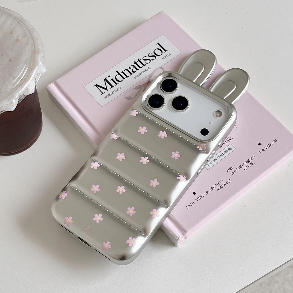 Fashion Premium Silver Stereoscopic Rabbit Ears With Flowers Pendant Shock Proof Phone Cover Case for iPhone 17 16 15 Pro Max view 4
