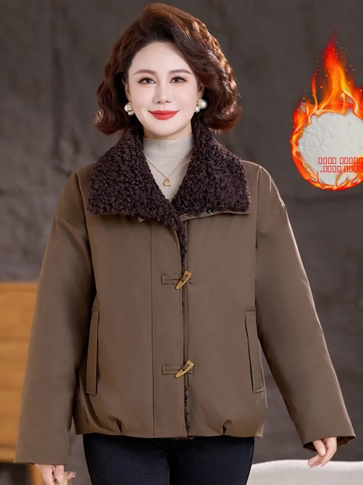 

Thiened Fce Warm Cotton Jaet Parka Sle Women's Coat Winter Outerwear Casual Loose Fit Stand Size Button Closure