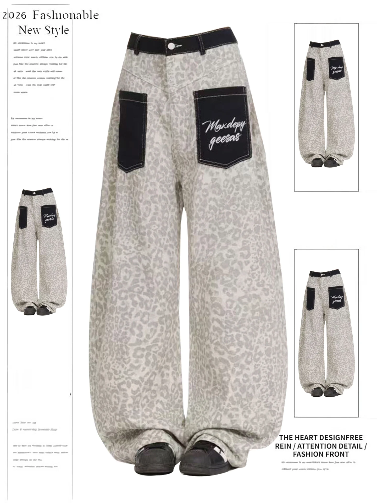 

Retro American Leopard Print Patchwork ket Denim Jeans Women's Loose High Waist Wide Leg Casual Long Trousers Spring New S...