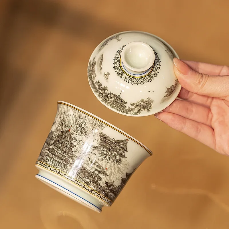 Jingdezhen Ceramic Landscape Pavilion Map Cover Bowl Chinese High-end Home Master Cup Pot Bearing Kung Fu TeaSet Gift Collection