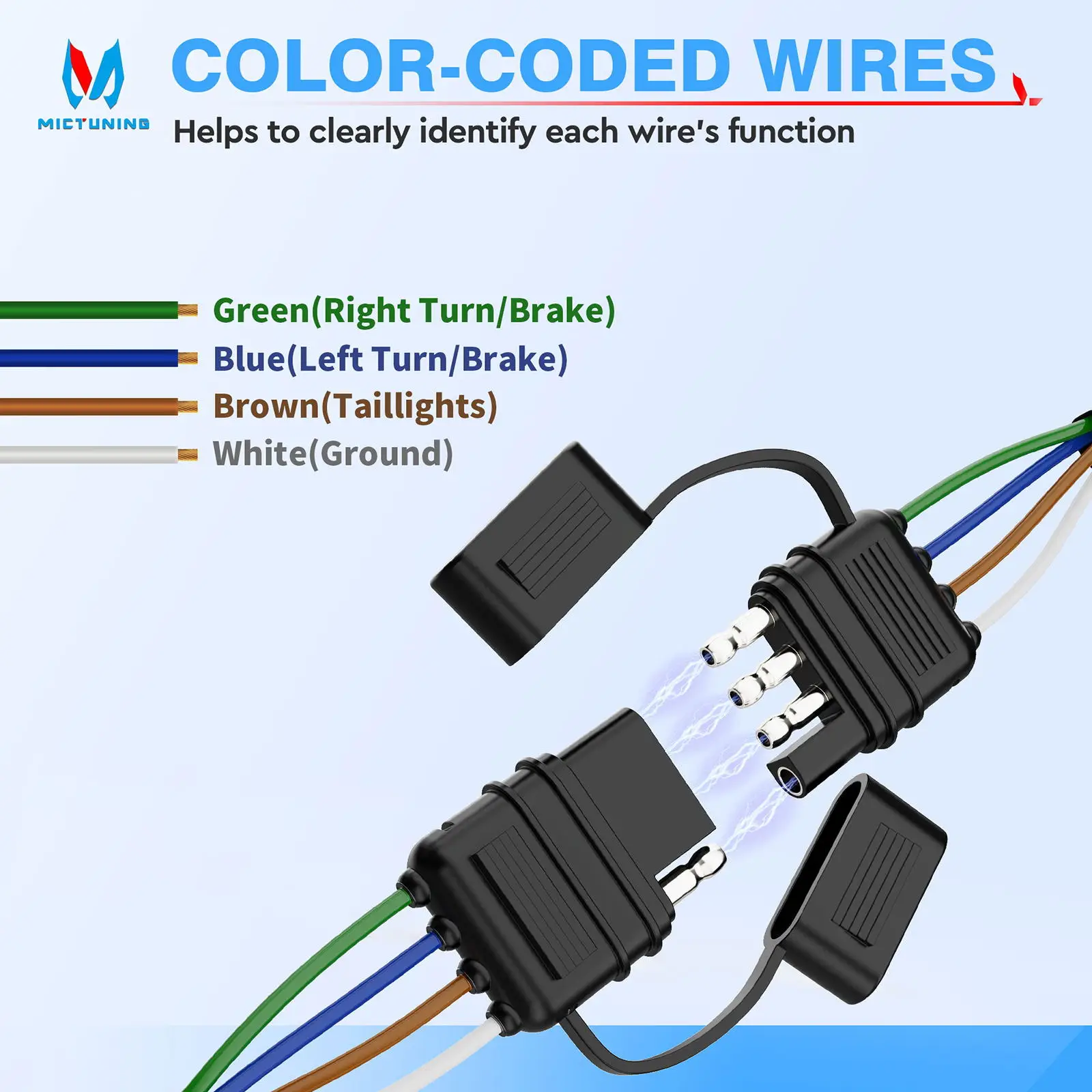 MICTUNING 4 Pin Flat Trailer Extension Cable 12 inch, 16 AWG Color Coded Wires Waterproof Various Trailers with 4 way Flat Plug