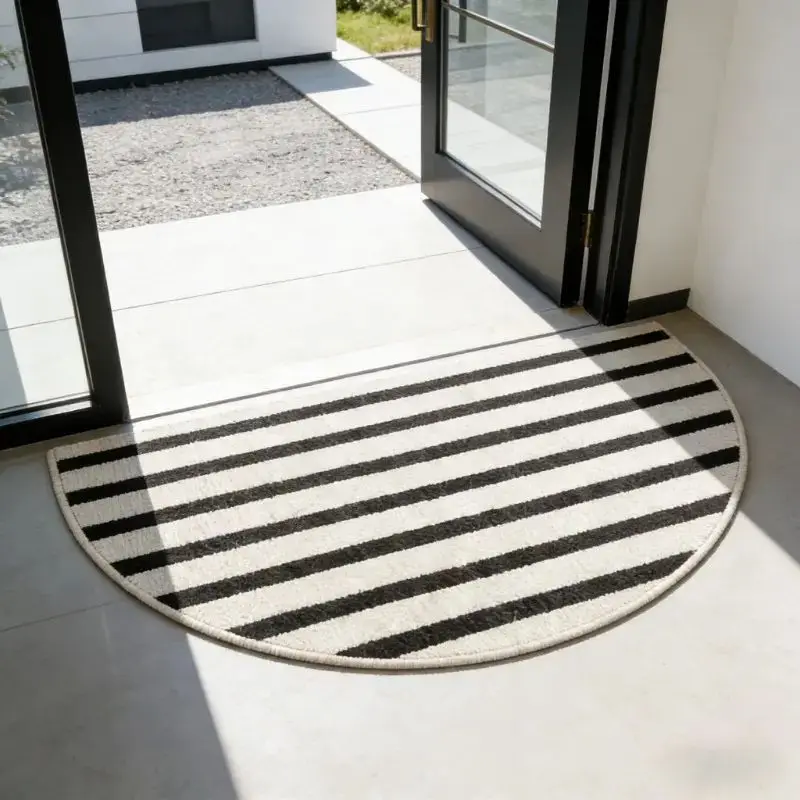 VIKAMA Black Stripe Half Moon Crystal Velvet Door Mat for Porch Entryway Floor Anti Slip Cozy Aesthetic Soft Premium Home Decor