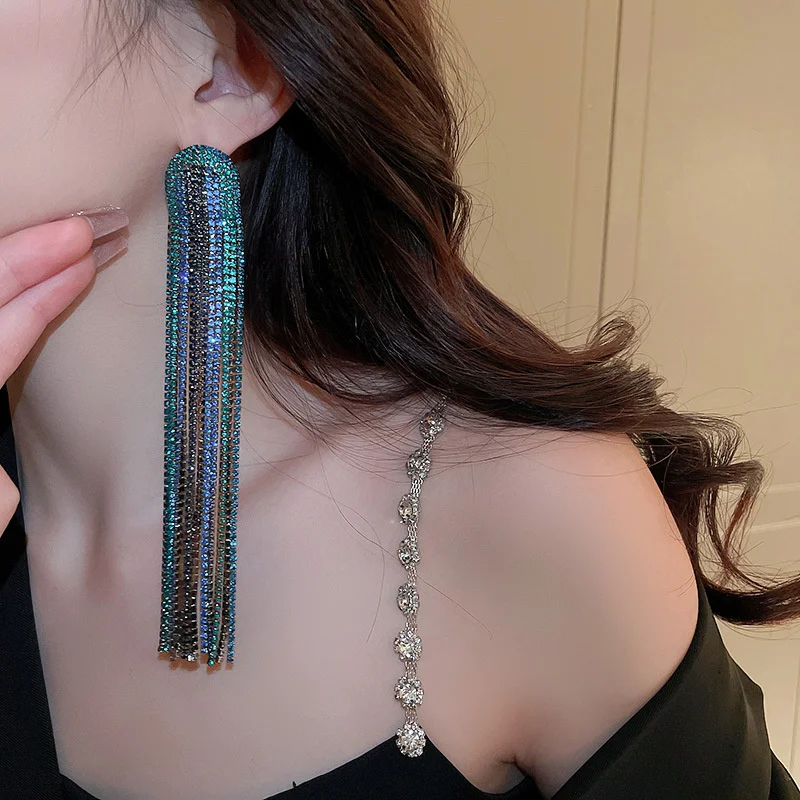 FYUAN Long Tassel Rhinestone Drop Earrings for Women Long Blue Crystal Dangle Earrings Fashion Jewelry Accessories