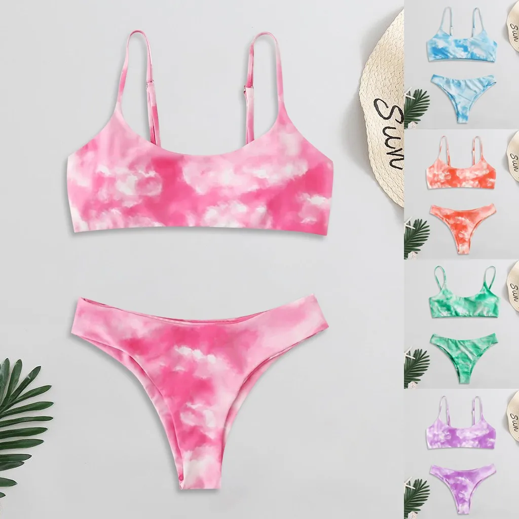 Bikini brasileño con estampado Tie-Dye para mujer, traje de baño Sexy, conjunto de dos piezas de corte alto, Tankini de playa con estampado sólido