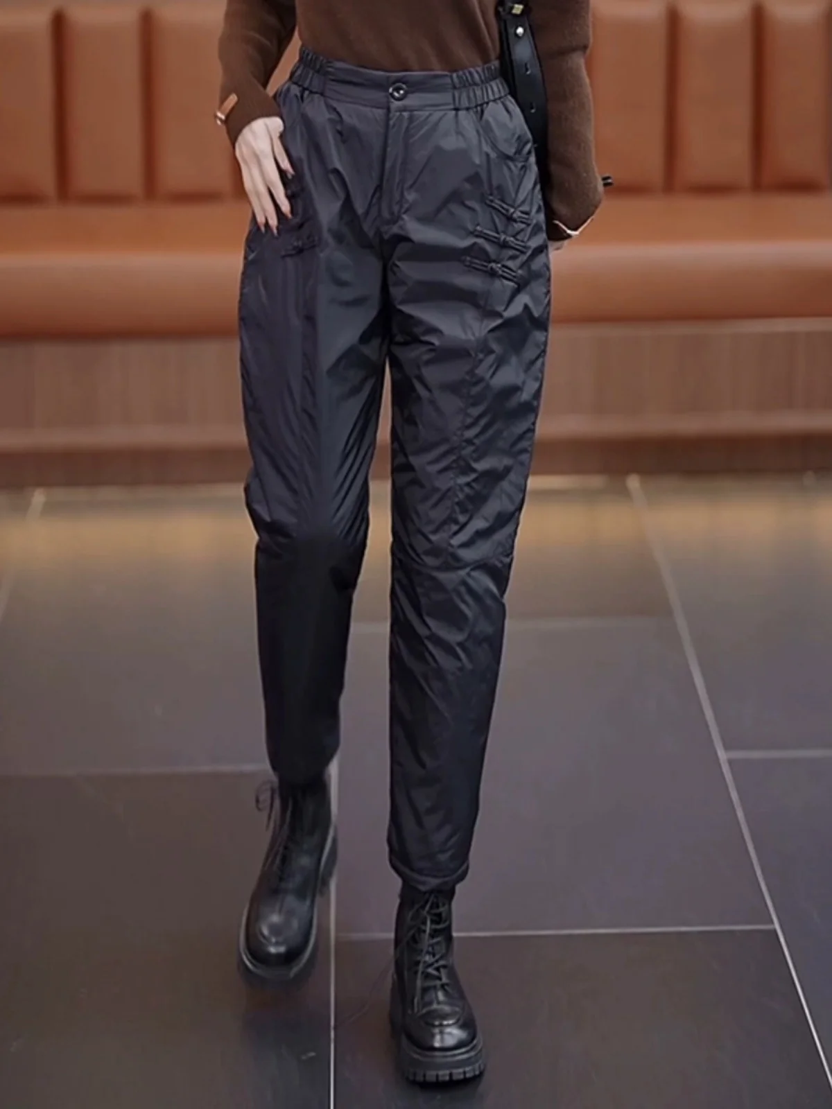 Lightweight down Cotton Pants for Women Winter High Waist Straight Leg Harlan Boot Trousers Anti Wind Warm Button Detail