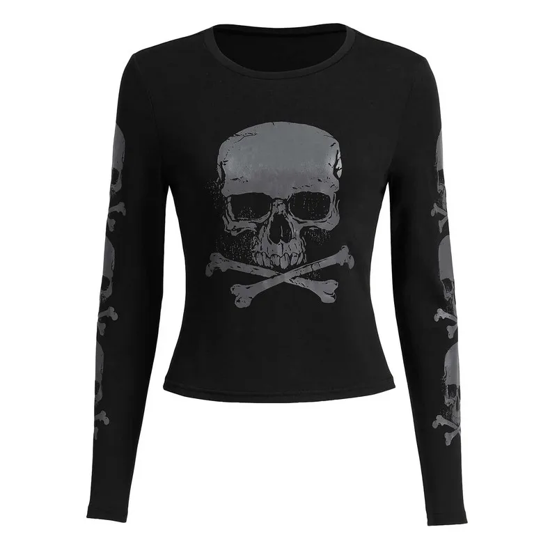 Women Goth T-shirts Crop Tops Spring Autumn Vintage Clothes y2k 2000s Slim Skull Printed Long Sleeve Tops Female Clothing