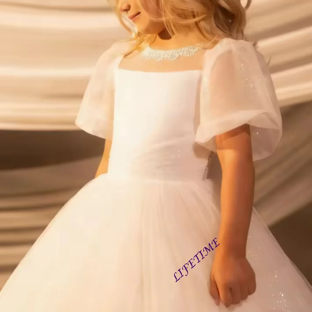 Funkelndes Blumenmädchenkleid für die Hochzeit, kurzärmelig, Tüll, bodenlang, für Kindergeburtstag, Party, Erstkommunion, individuell gestaltet