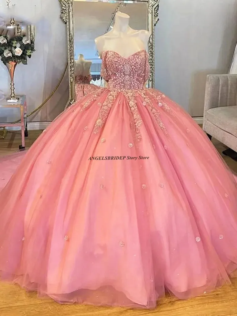 Angelsbridep Roze 3d Bloemen Quinceanera Jurken 2024 Off Shoulder Applique Kralen Korset Tule Prom Dress Verjaardagsfeestjurken