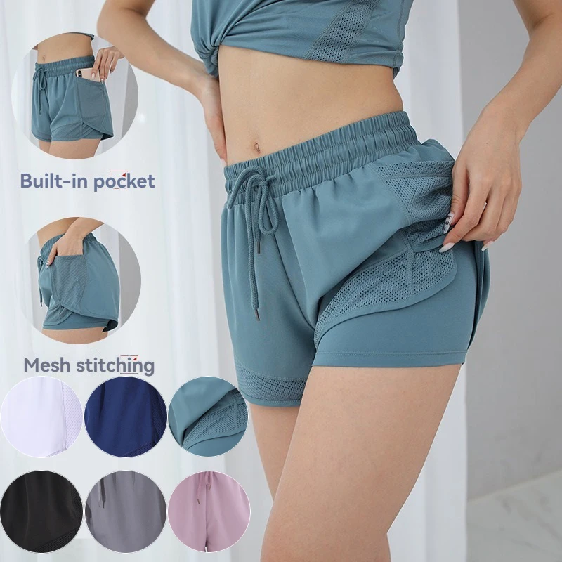 Women's 2-in-1 Yoga Shorts With Drawstring And Mesh Pockets For Casual Sports Fitness And Gym Workouts