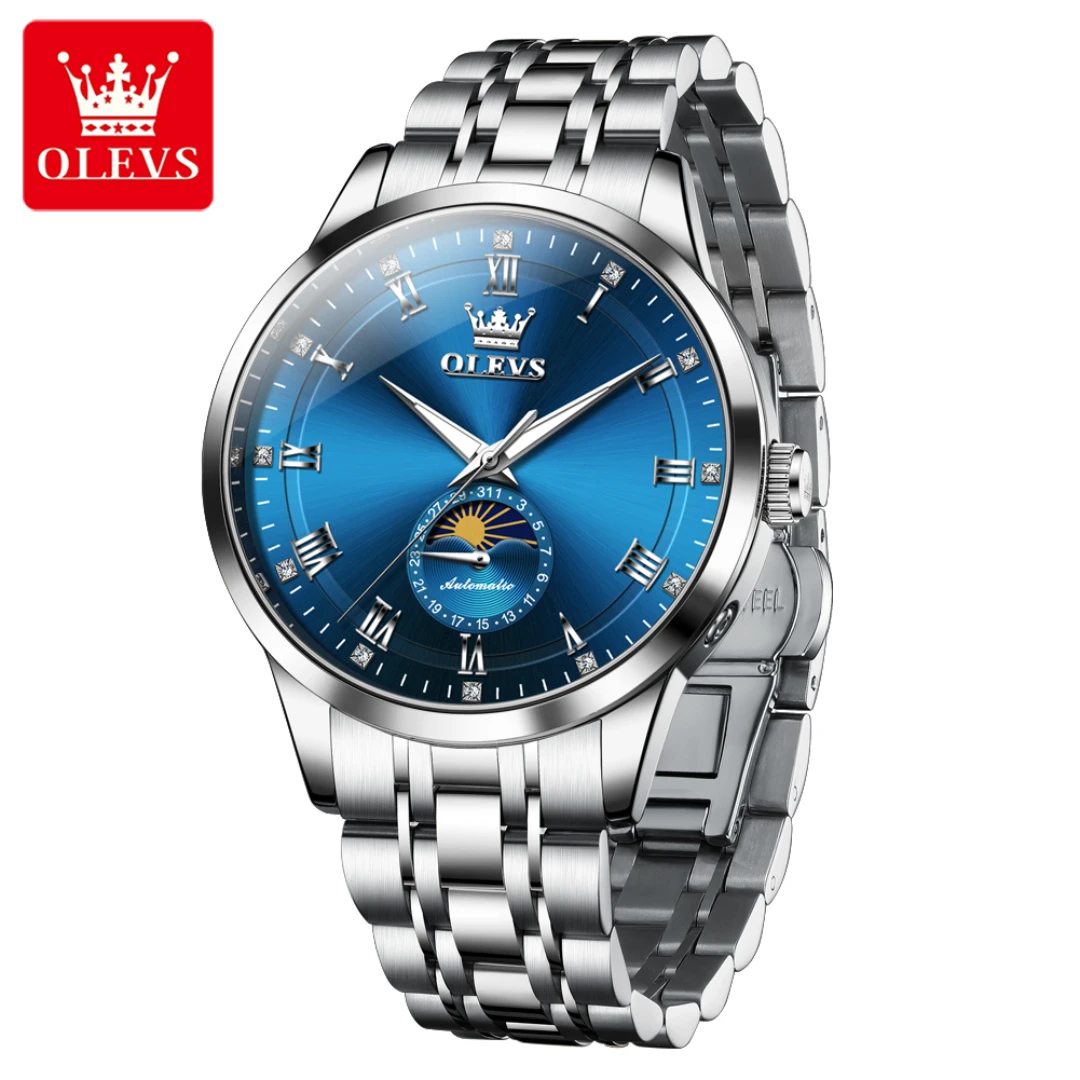 

OLEVS 7063 модные механические часы в подарок с круглым циферблатом из нержавеющей стали, ремешок для часов, наручные часы с фазой Луны, светящиеся