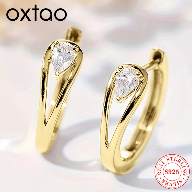 

OXTAO Sparkling Water Drop D Moissanite Hoops Earrings Pear Cut Diamond Huggie Earring Original 925 Silver Jewelry for Women