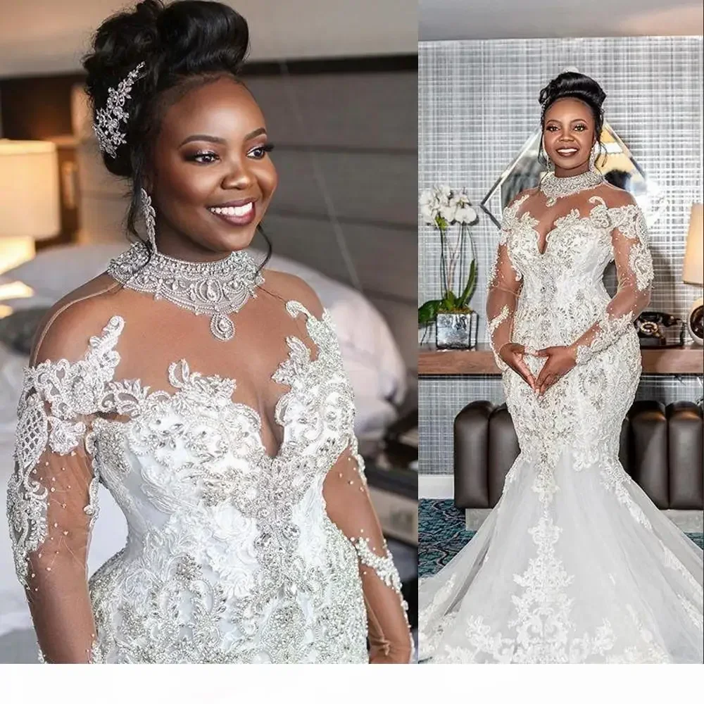 

Customized Mermaid Wedding Dresses Off The Shoulder With Sleeves High Neck Beaded Lace Appliques African Bride Wedding Gowns