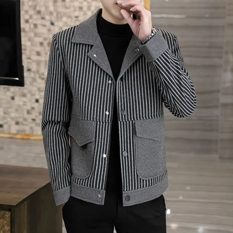 

New 2025 Men's Casual Lapel Jacket Male Slim Plaid Thickened Warm Woolen Coat High-Quality Autumn Winter Fashion