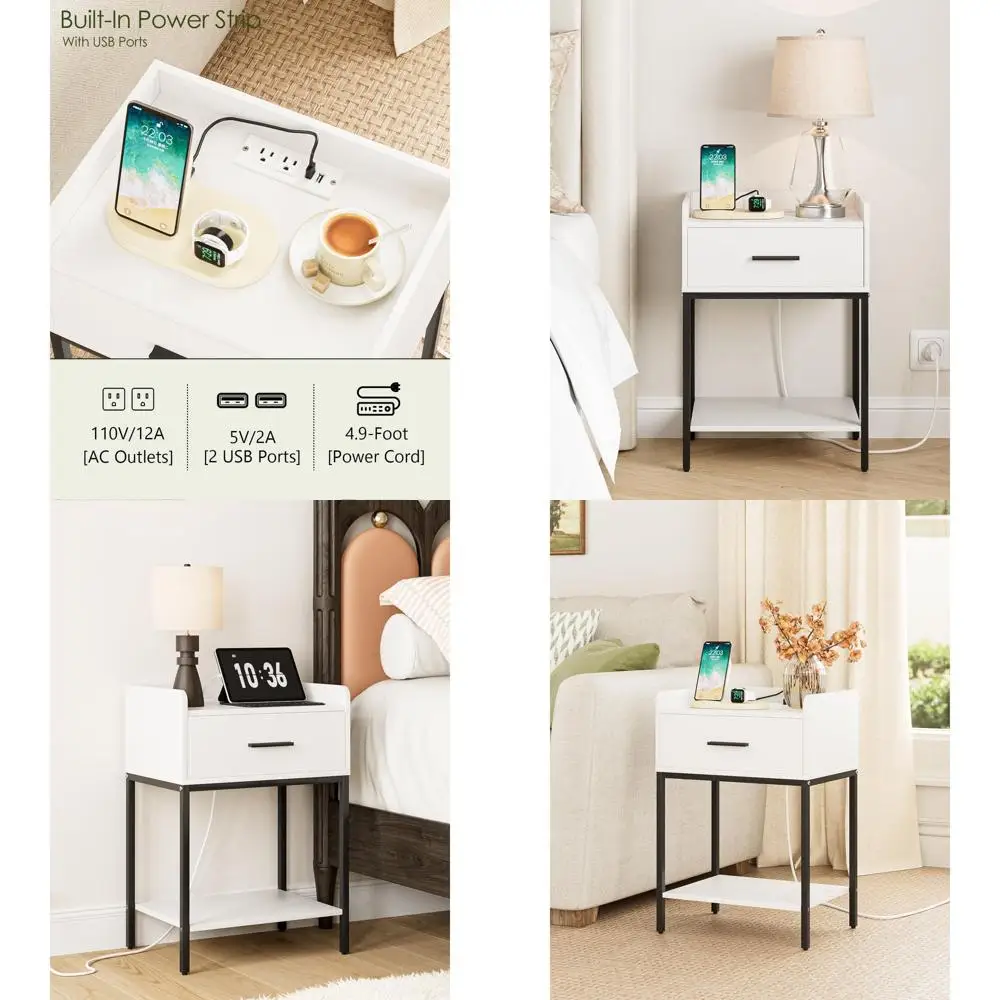 

White & Black Charging Station Nightstand with Drawer and 2-Tier Shelf for Bedroom & Living Room