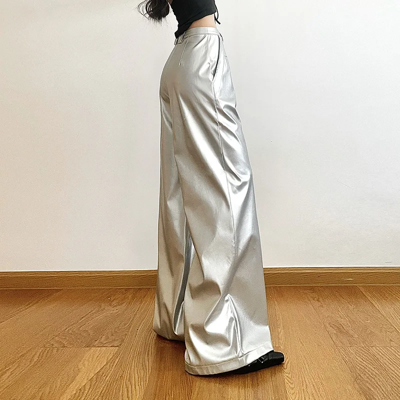 Silver Retro Matte Trendy Personalized All-match Casual High Street Cool Confident Casual Women\'s Autumn Wide Leg Pants