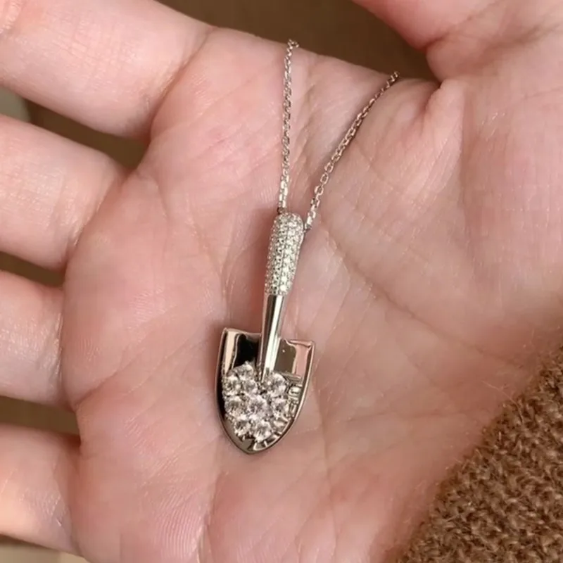 

Cute Small Shovel Shape Exquisite Pendant Necklaces for Women Bling Diamonds 14K White Gold Sterling Silver 925 Unique Gifts New