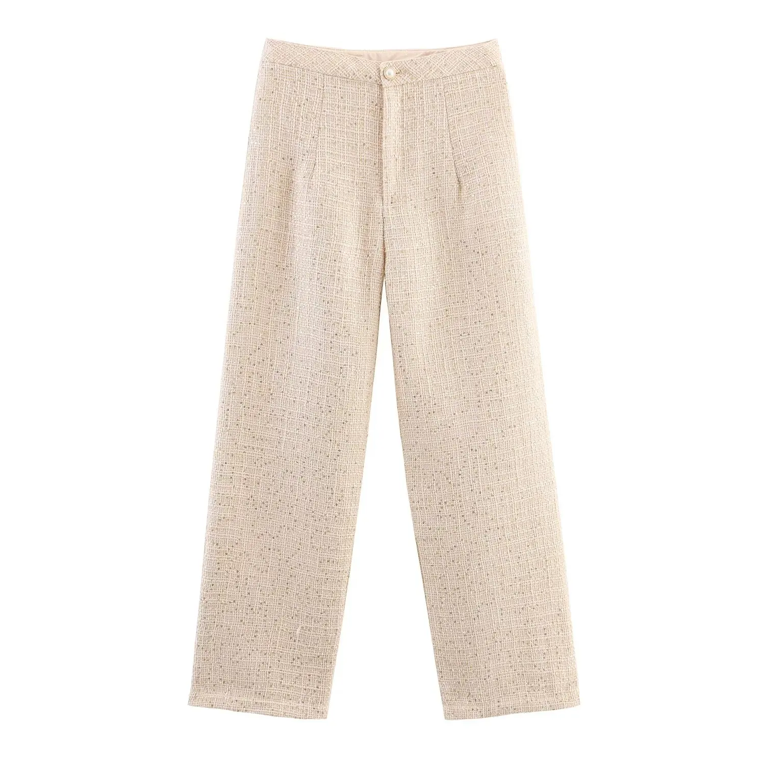 2 pieces 1 Set 2025 Autumn Sequins Beading Tweed Square Collar Puff Sleeve Pullovers Shirt + High Waist Long Straight Pants Suit