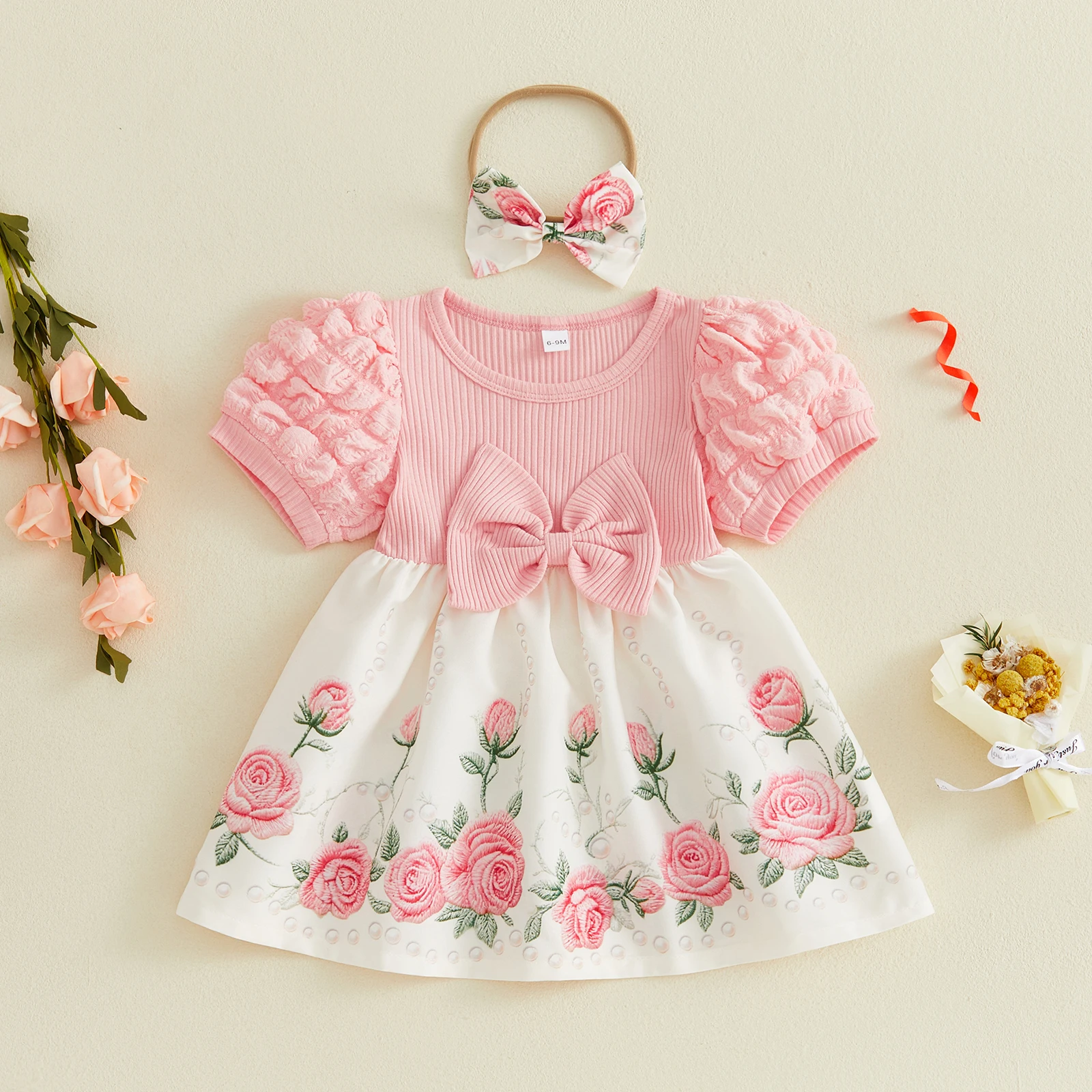 2026 New Toddler Baby Girls Floral Dress Summer Fashionable Bow Decor Short Bubble Sleeve Dress with Headband