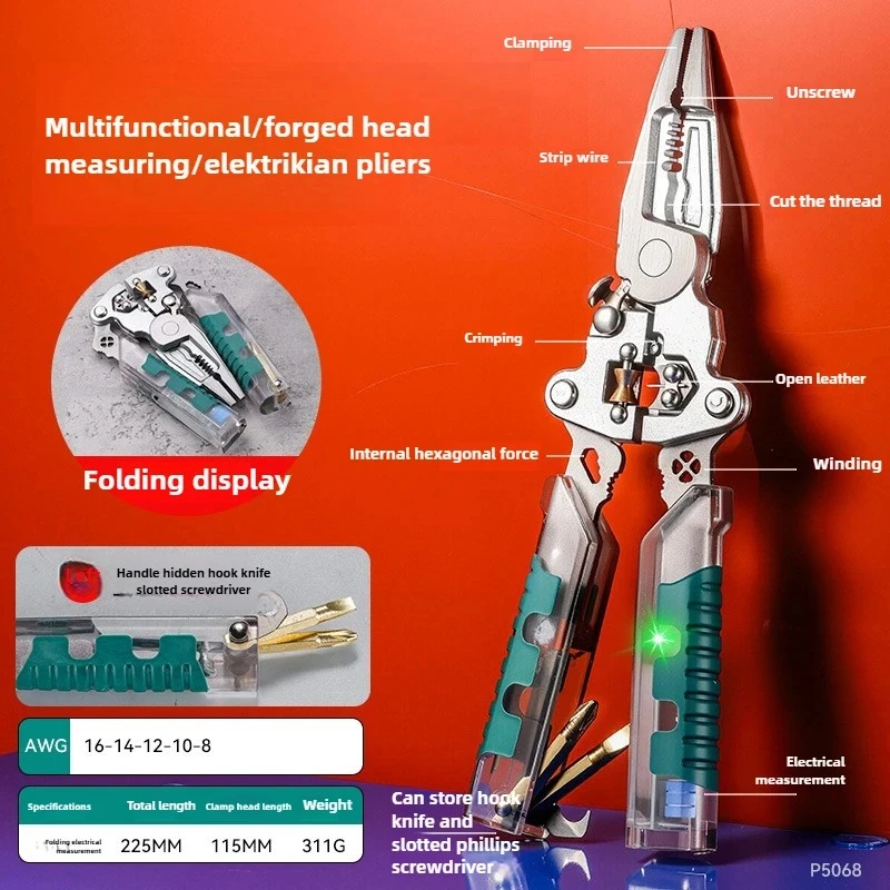 

Multi-functional New Type of Thickened Electrician Wire Cutting and Folding Wire Stripping Pliers with Electric Pen Measurement