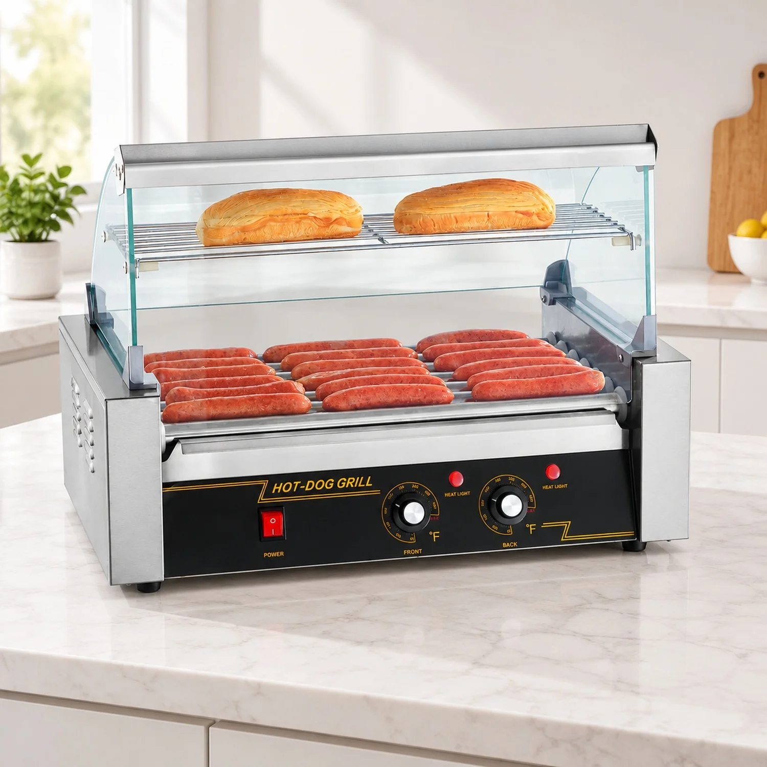 Hot Dog Roller 7 18 Capacity 1050W Stainless Sausage Grill Cooker Machine with Dual Temp Control Glass Hood Acrylic Cover Bun