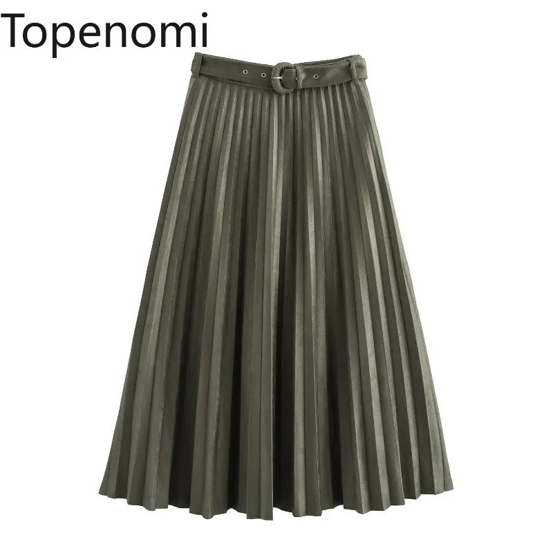 Topenomi Retro Pleated Skirt Women American Temperament Suede High Waisted A-line Long Skirts Autumn Winter All Match Outerwear