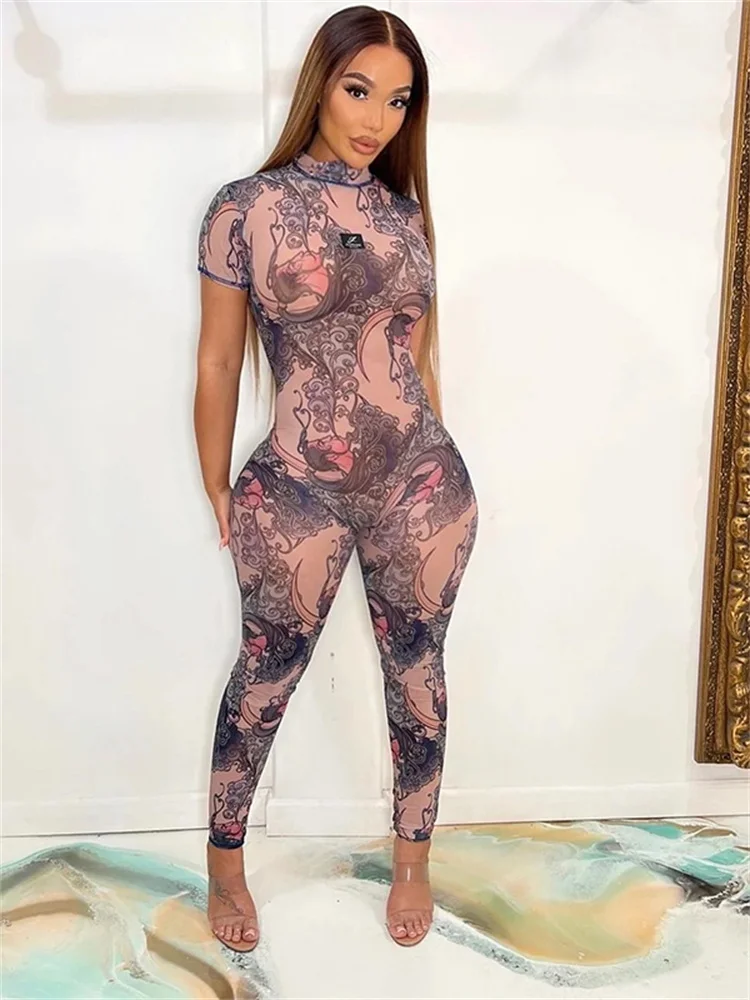 Nibber Zomer Dames Ronde Hals Mode Print Korte Mouw Jumpsuit Body Shaper Jumpsuit Street Casual Spice Girl Kleding