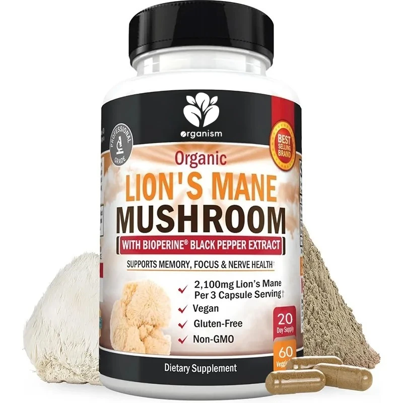 

Organic Lion Mane Supplement Capsules (60 capsules) 2100mg Lion Mane Mushroom with Pepper