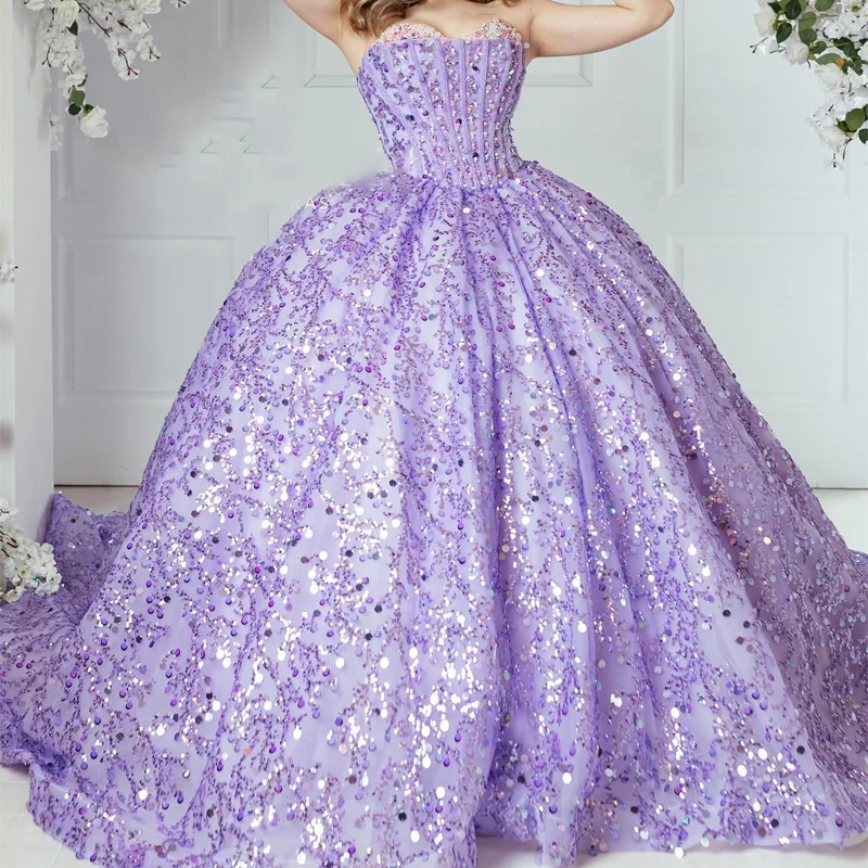 

Mexico Lavender Ball Gown Quinceanera Dress 2024 Off The Shoulder Sequined Pearls Tull Sweet 16 Dress Lace up Vestido De 15 Anos