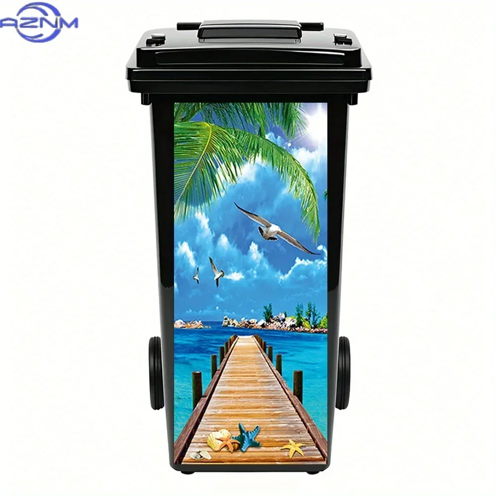 2D 1PC1pc Seagull Coconut Tree Seascape Corridor Theme Trash Can Decorative Stickers, Garbage Bins Kitchen Wall Door Trash Can