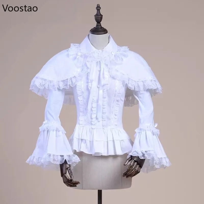 Gothic Y2k Lolita Style Cloak Shirts Japanese Women Lace Ruffles Flare Long Sleeves Blouse Female Victorian Vintage Slim Tops