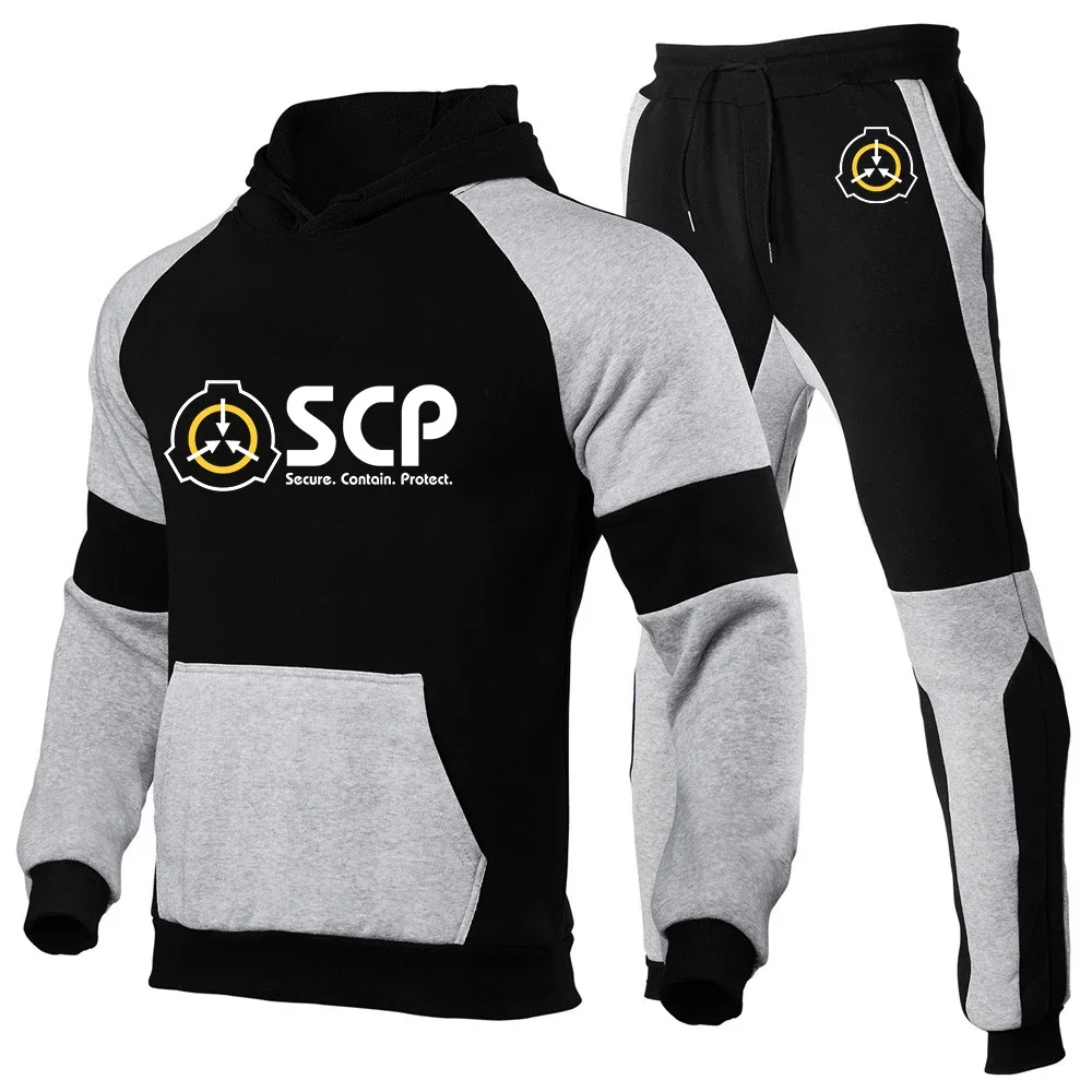 2024 New SCP Foundation Secure Contain Protect Spring and Autumn Men Casual Hooded Sportswear Jackets Tricolor Splice Tops Sets