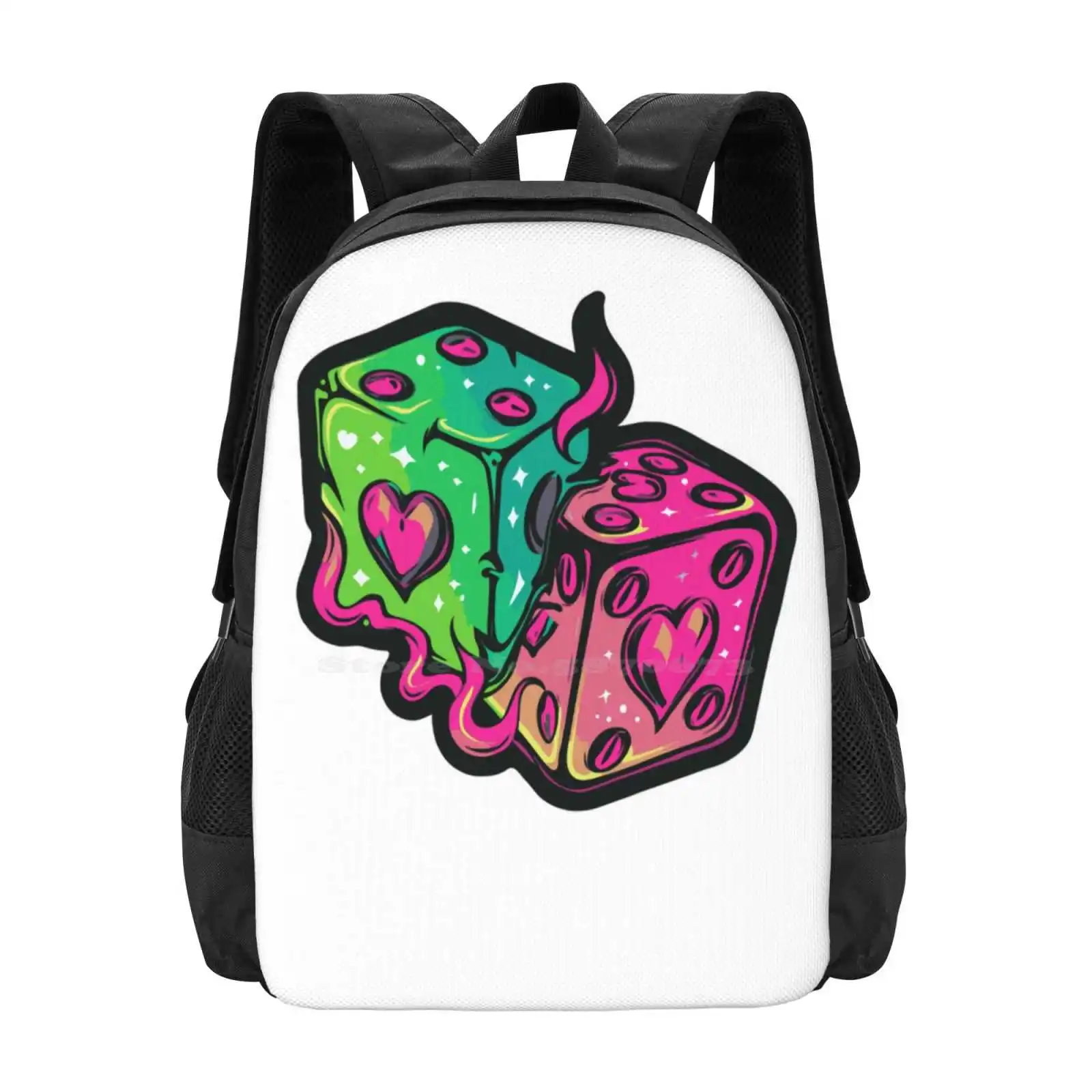 Neon Dice Hearts School Backpack, Fashion Bags, DicelGruNerd Cute Nette Digmanual Art Flames, Lovegame, Hot Sale