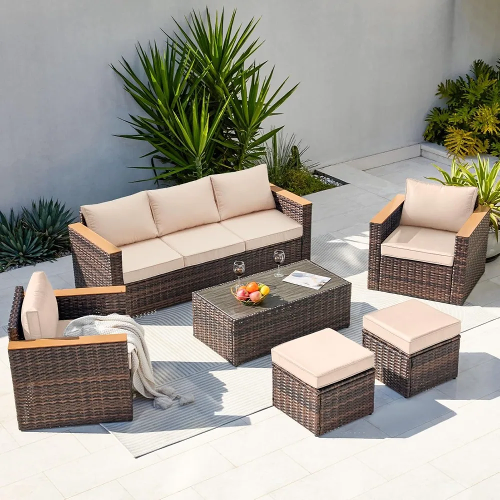 

Patio Furniture Set 6 Pieces Outdoor Furniture Patio Conversation Sets with Ottoman PE Ratten Wicker Sectional Sofa Chair with C
