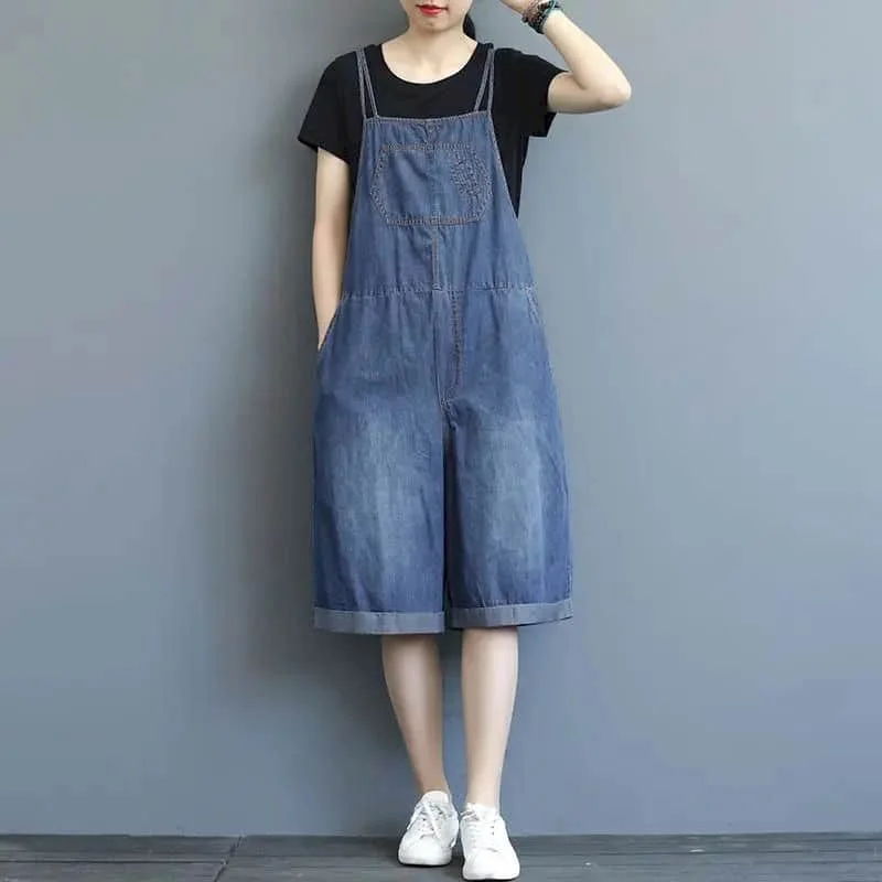 Denim Jumpsuits Women Vintage Korean Style One Piece Outfit Casual Cropped Rompers Solid Straight Jeans Summer Women Clothing