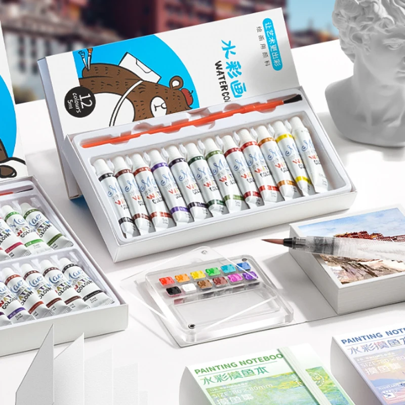 Portable Mini Watercolor Sketchbook with Paint Tray - 50 Sheets, Medium Thick Paper, Ideal for On-the-Go (Paint Not Included)