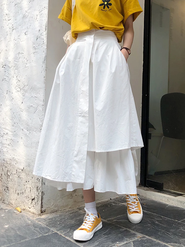 Korean Fashion Minimalism Irregular Skirts Women Elastic Waist Pocket Skirts Black White Long Skirt Maxi Casual Summer Skirt