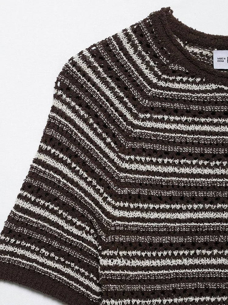 KUCLUT Women Fashion Striped Knitted Pullover Sweater Vintage O-Neck Short Sleeves Female Chic Lady Tops