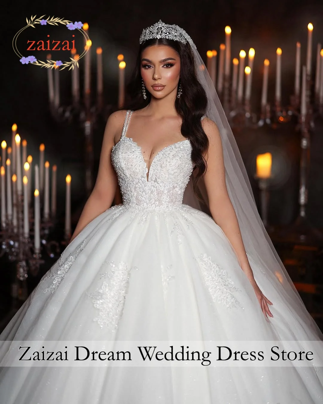 Customzied Luxury Spaghetti Straps Sweetheart Ball Wedding Dress Beading Pearls Appliques Lace Bridal Gowns Vestidos De Noiva