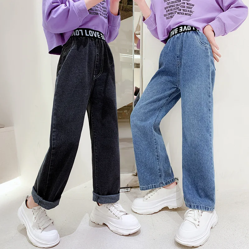 Vintage Ripped Jeans for Girls Fashion High Waist 2024 Spring Autumn Broken Hole Wide Leg Pants Kids Teen Denim Trousers 5-14Yrs