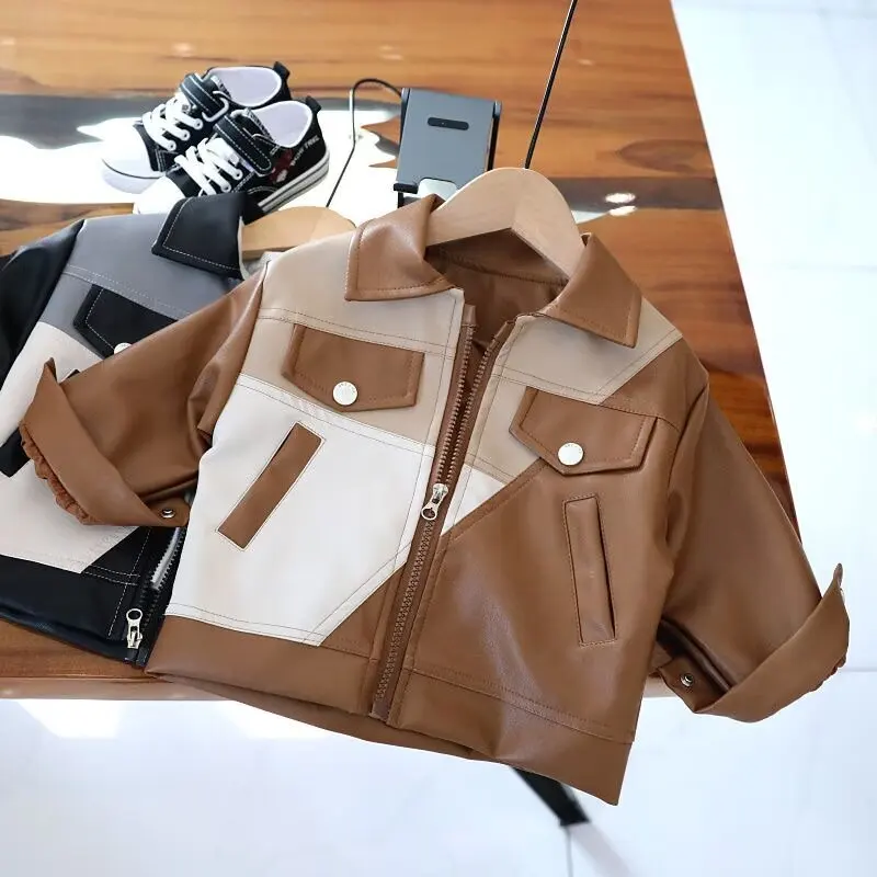 

Boys Leather JacketsSpring Autumn For 2-8 Years 2024 New Classics Handsome Baby Boy Pu Outerwear Kids Clothing Zipper Coats