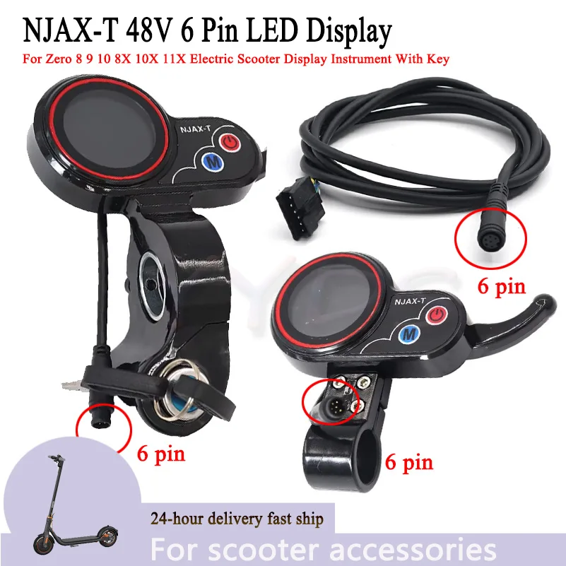 

NJAX-T Dashboard Throttle 48V 6 Pin LED Display For Zero 8 9 10 8X 10X 11X Electric Scooter Display Instrument With Key