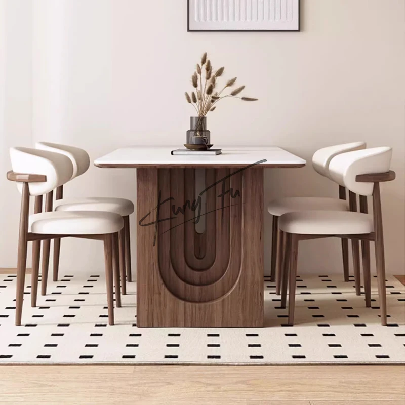 Antique modern walnut color dining table home retro solid wood slate rectangular dining table